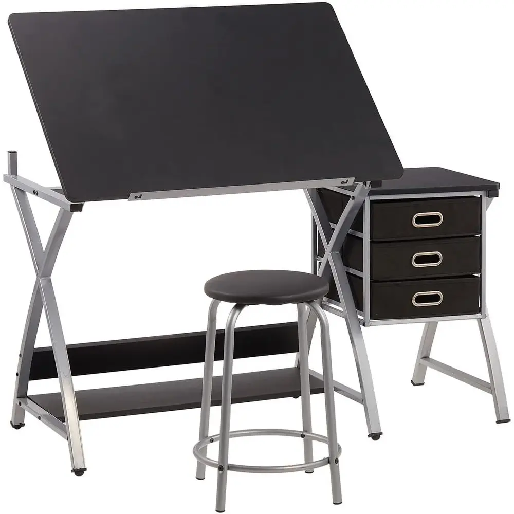 Adjustable Artist's Metal Desk with Sturdy Frame and Storage Drawers, Black