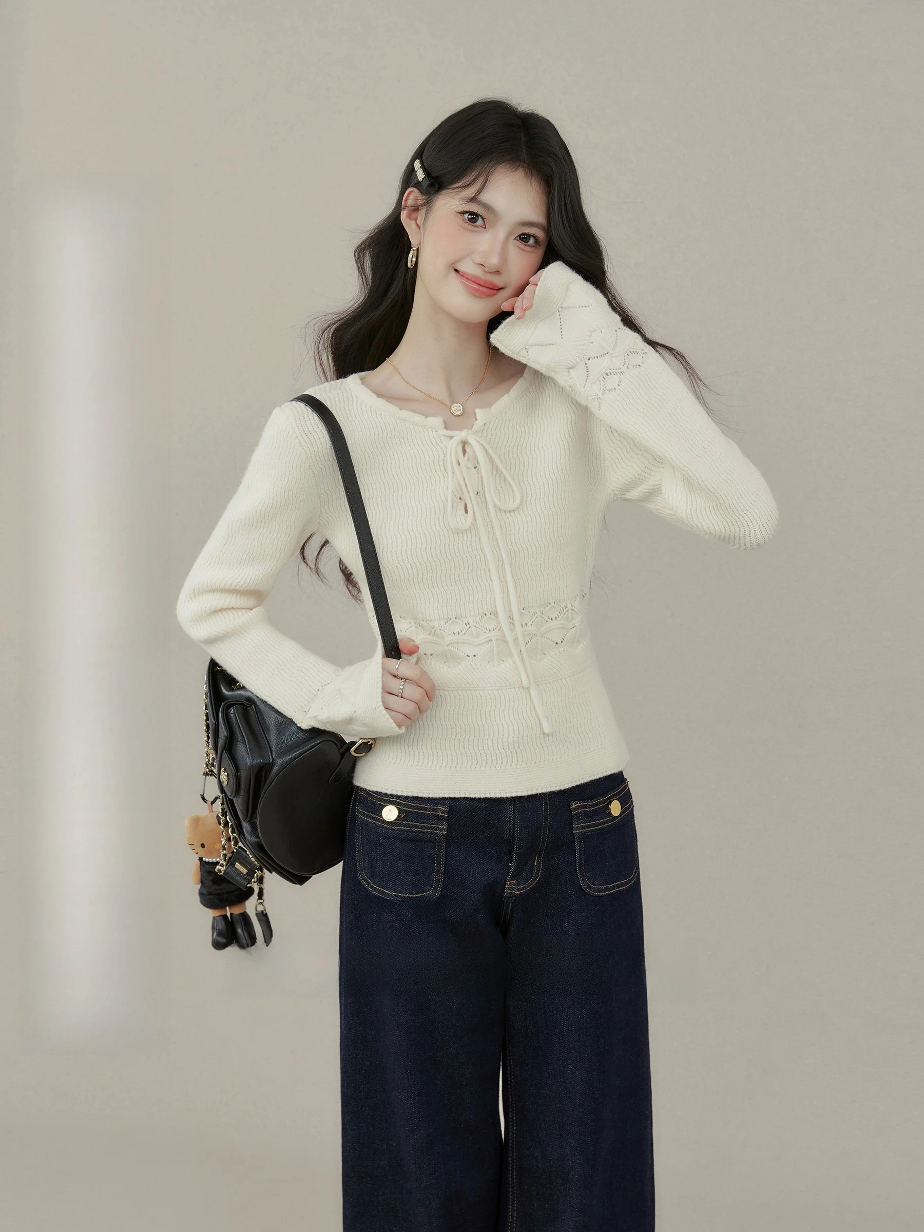 

Slim Fit Knitted Top with Belt Hollow out Design Inner Wear for Plump Women ort Sve round Ne Regular Length