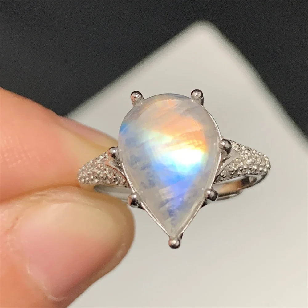 الطبيعية الملونة البرتقال ضوء Moonstone خواتم النساء WaterDrop الحصان العين الأزرق قوس قزح القمر حجر حبة شفافة 925 خاتم فضة