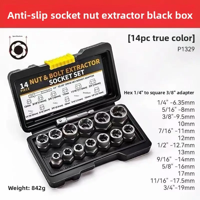 Reverse thread sleeve14Set of anti-slip sockets for damaged, rusted, and stripped nuts, bolts, screws, and tire screws extractor