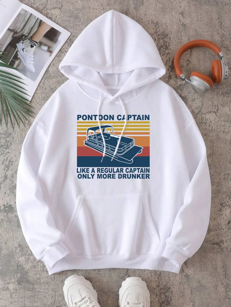 Pontoon Captain Hoodies Womens Vintage Printed Sweatshirt Fleece Warm Pocket Loose Pullover Winter Comfortable Woman Clothes