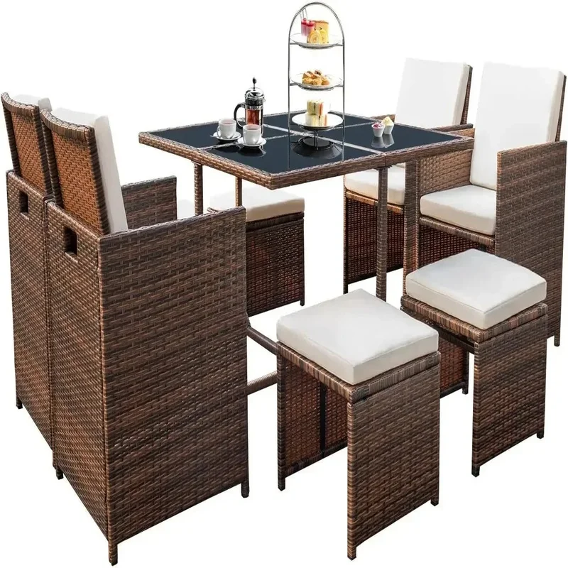 

9-Piece Outdoor Dining Set with Space-Saving Rattan Chairs and Glass Table, Cushioned Seating in Beige for Patio Furniture