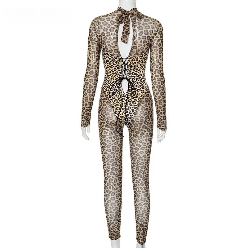 BWQ Actieve Luipaardprint O-hals Bodycon Jumpsuit Vrouwen 2025 Winter See Through Sexy Club Een Stuk Overall Rompertjes Outfits