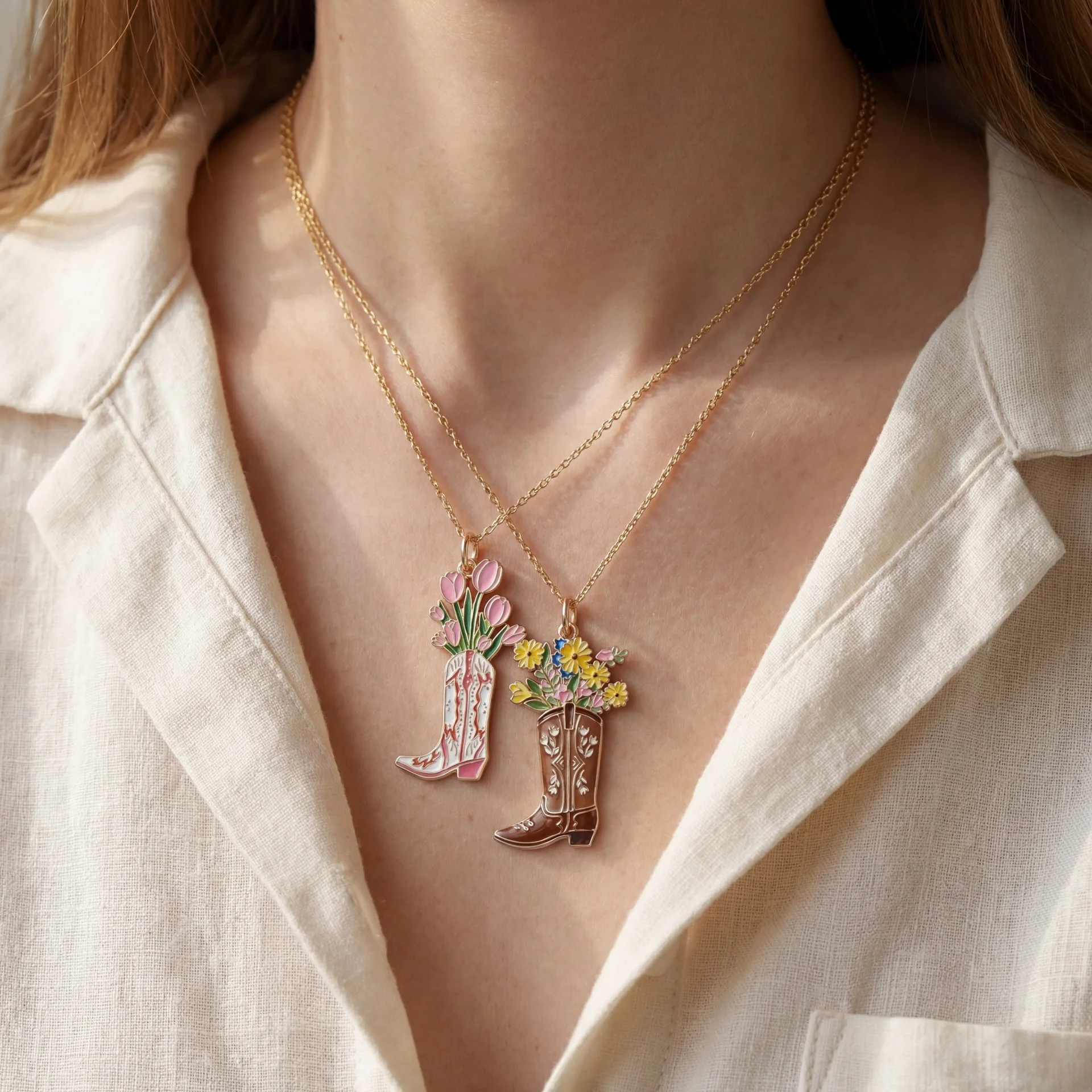 New Hot Selling Flower Field Boots Necklace Western Denim Style Flower Bouquet Necklace Flower Boots Pendant Necklace Jewelry