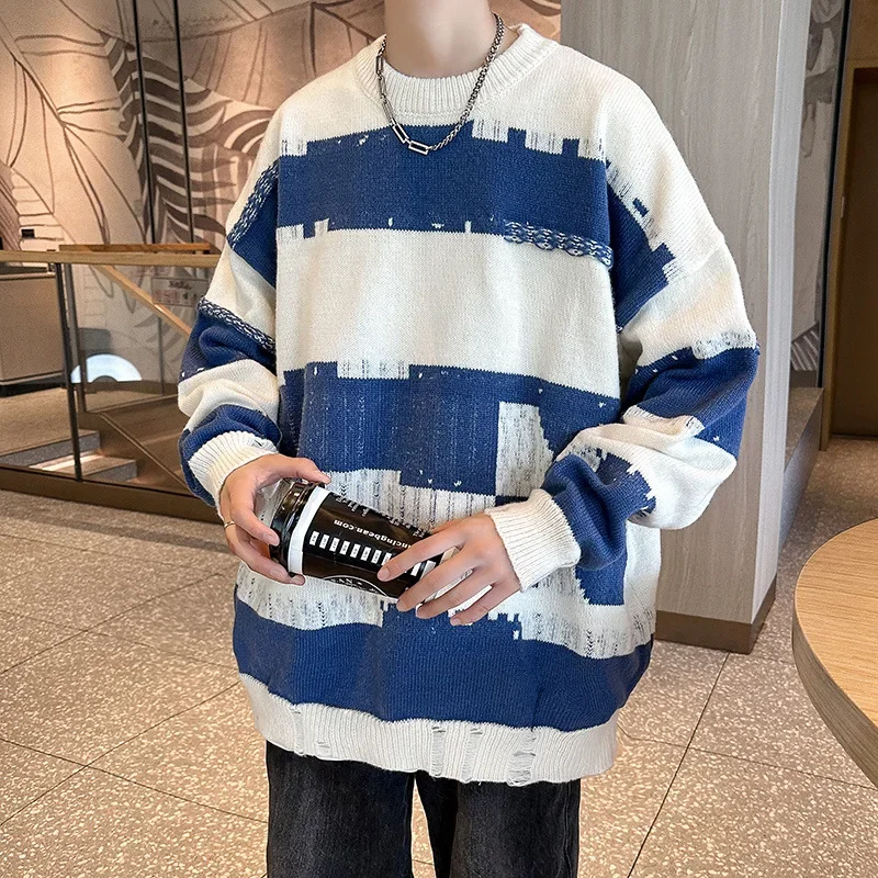 Y2k Striped Patchwork Crewneck Pullover Sweaters Men Loose Knitted Pullovers Streetwear Mens Oversized Korean Fashion Sweater