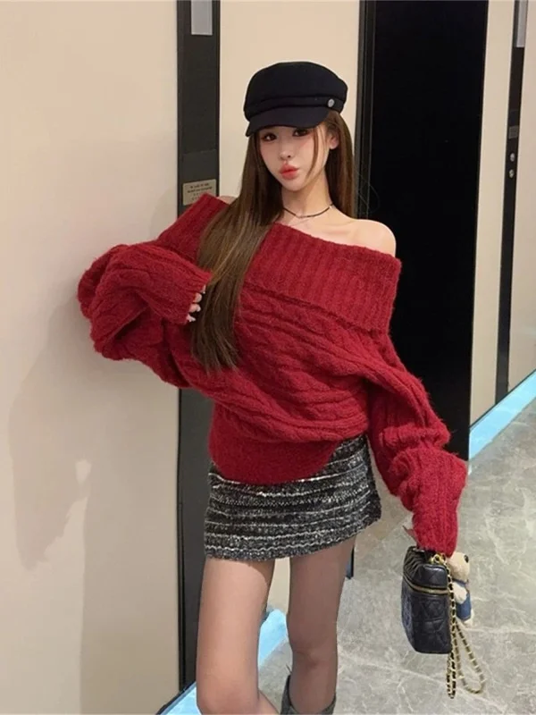 

Cisas новогодний красный вязаный свитер с открытыми плечами женский зимний свободный мягкий длинный све повседневный удобный трикотаж