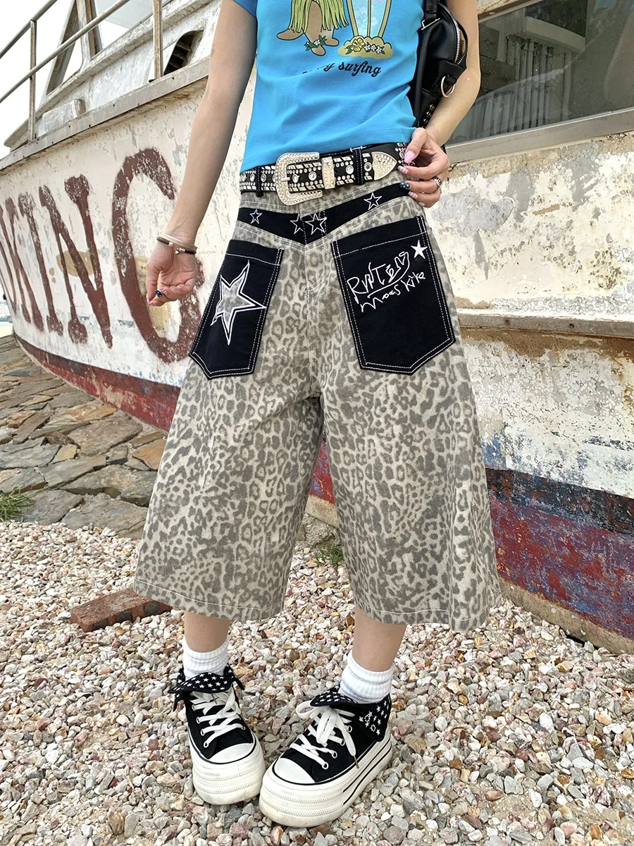 Summer New Women's Wide Leg Pocket Star Print Leopard Pattern Casual Pants Comfortable Natural Waist Student Fashion Trend