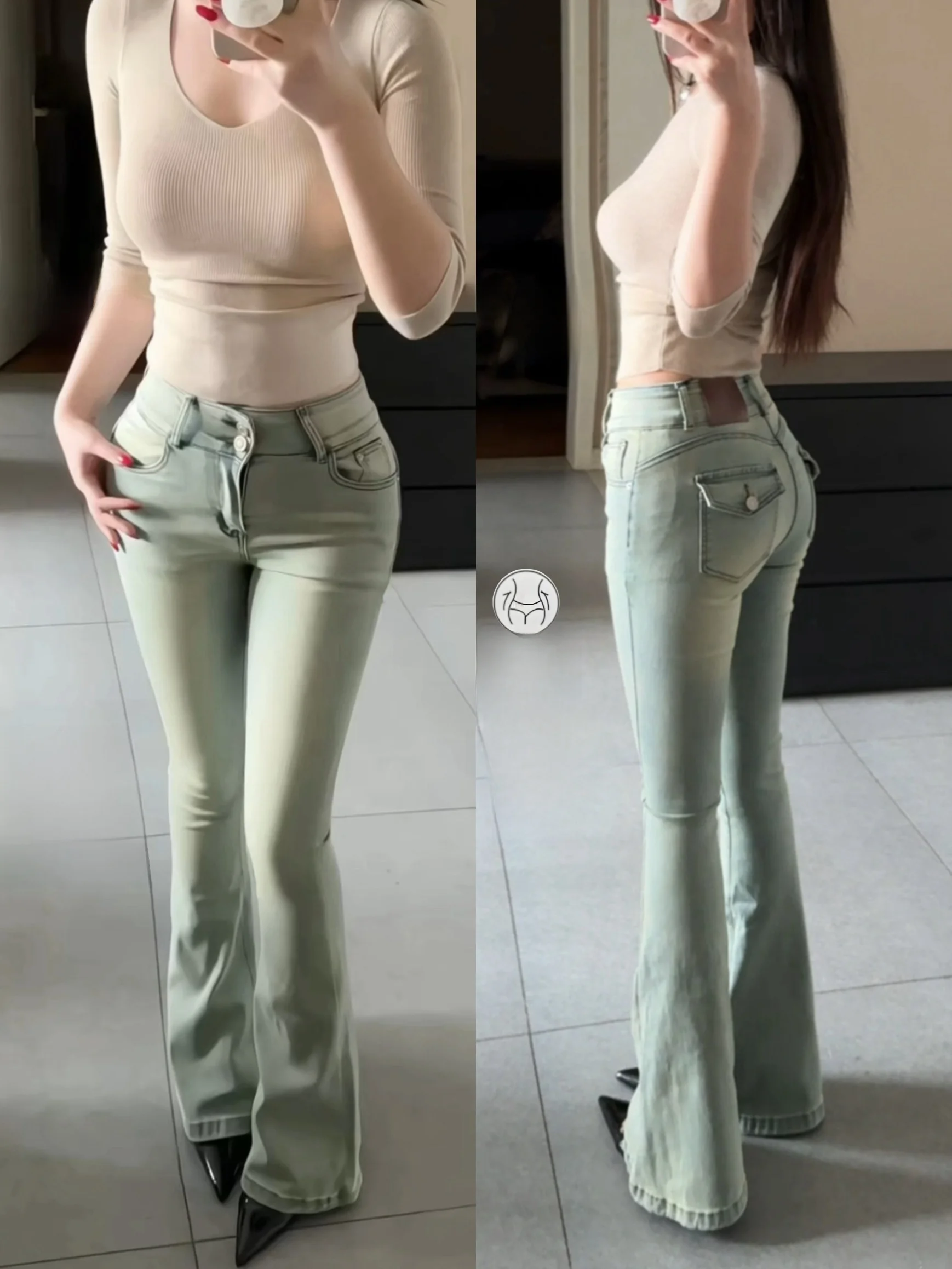 

Женские джинсы-клеш с высокой талией, облегающие, эластичные, из денима, с эффектом подтяжки ягодиц, цвета желтой глины, с эффектом мятного льда