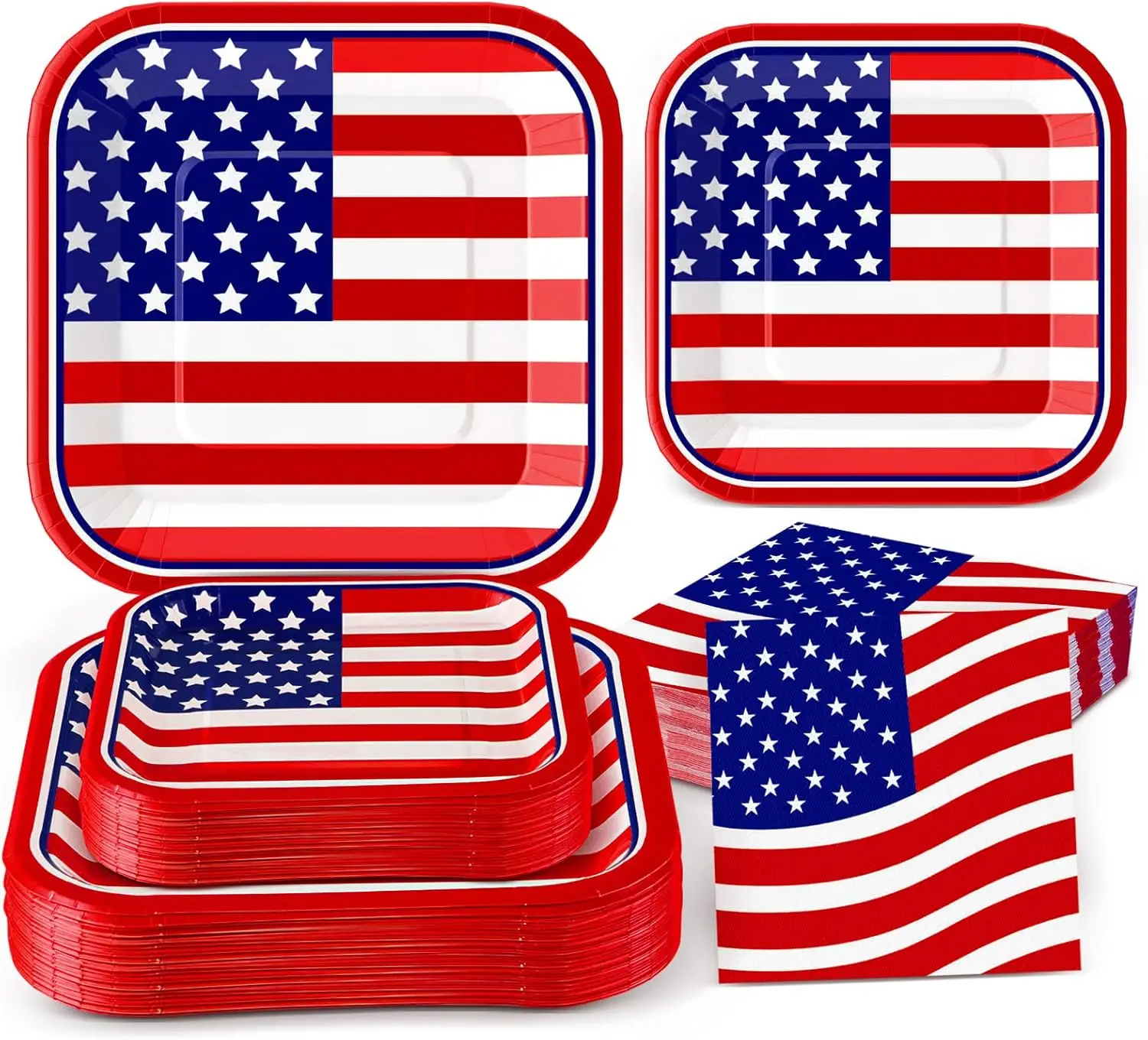 75 Pcs 4th of July Party Plates and Napkins Set, Square Red White and Blue Disposable Tableware, 9 Inch Dinner Plates 7 Inch Des