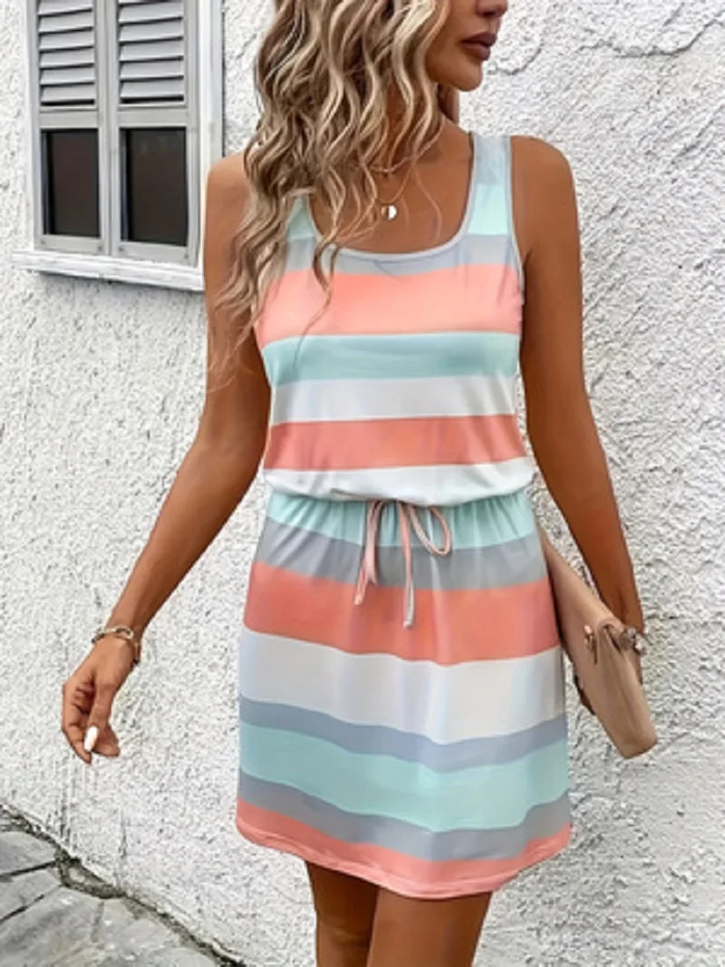 Damen-Kleid mit Streifenmuster, ärmellos, Rundhalsausschnitt, mit dekorativer Kordel in der Taille, lässiges Sommer-Oberteil. – Detail 4