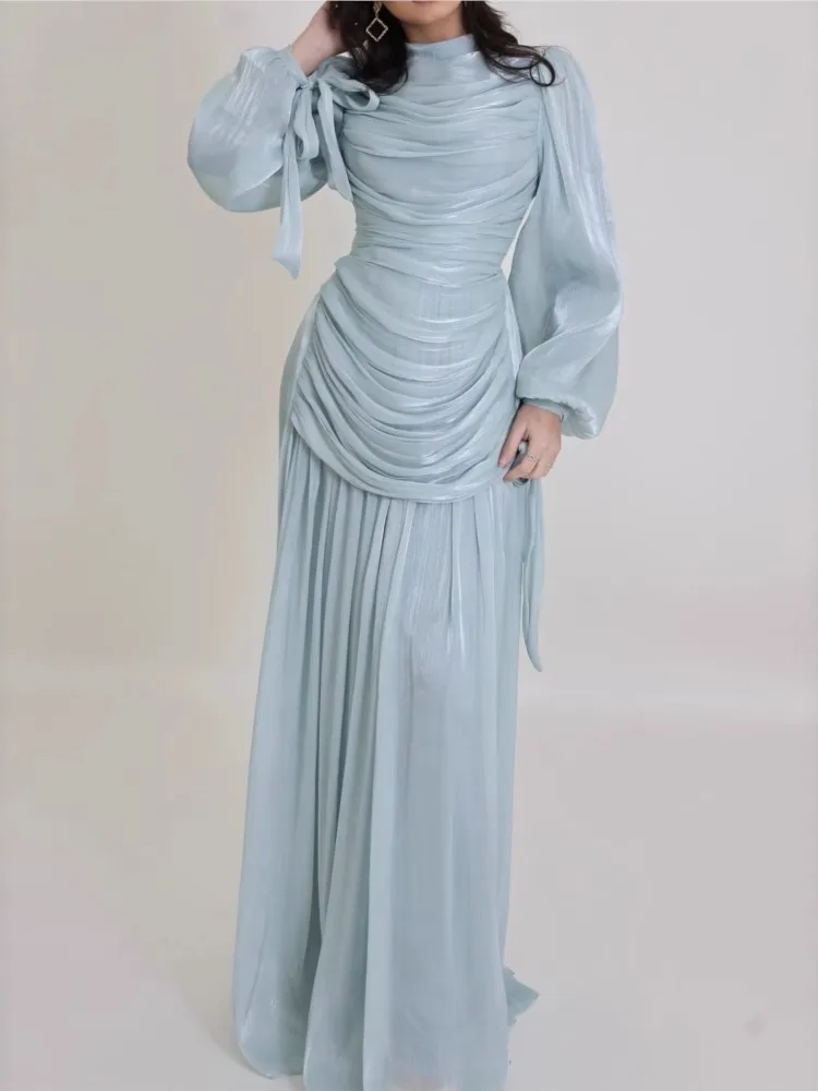 

2026 Dresses For Woman Elegant Round Neck Long Sleeve Dress Solid Color Elegant Temperament Vestidos Simple Style Robe Vacation