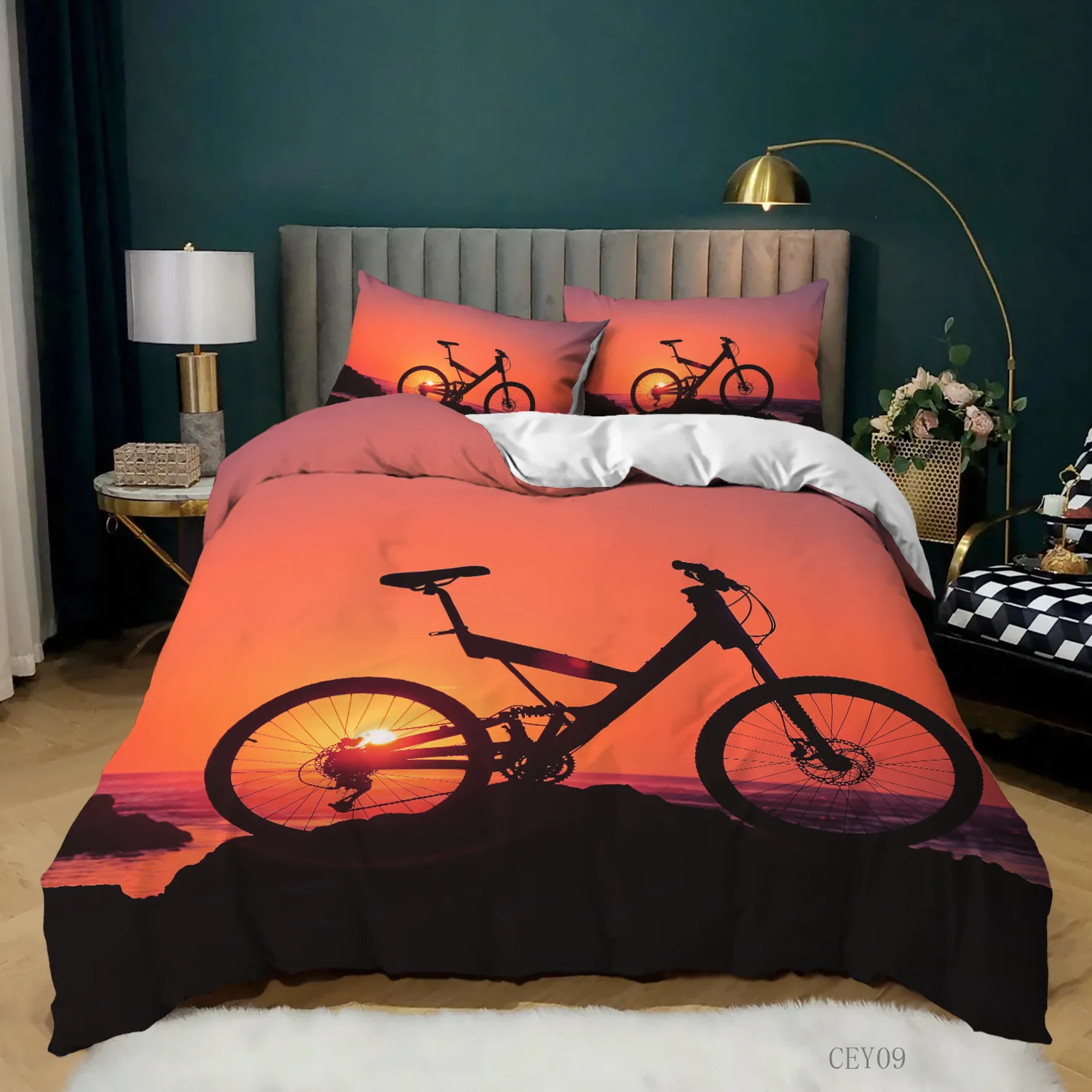 Bicycle Duvet Cover King/Queen Size A Bike Sketch Artwork Quilt Cover Soft Polyester Bedding Set 1/2 Pillowcases Yellow Purple