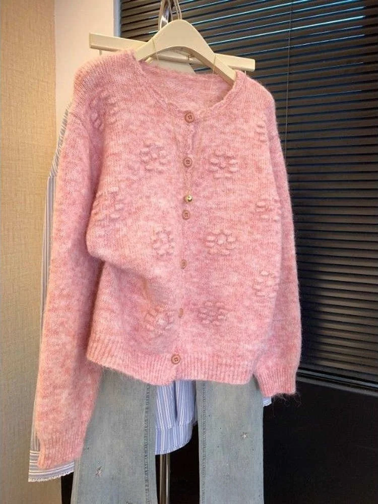 

Женский вязаный кардиган больших размеров с розовым цветочным узором, мягкий, уютный, осенне-зимний, свободного кроя, модный, с длинными рукавами, на пуговицах