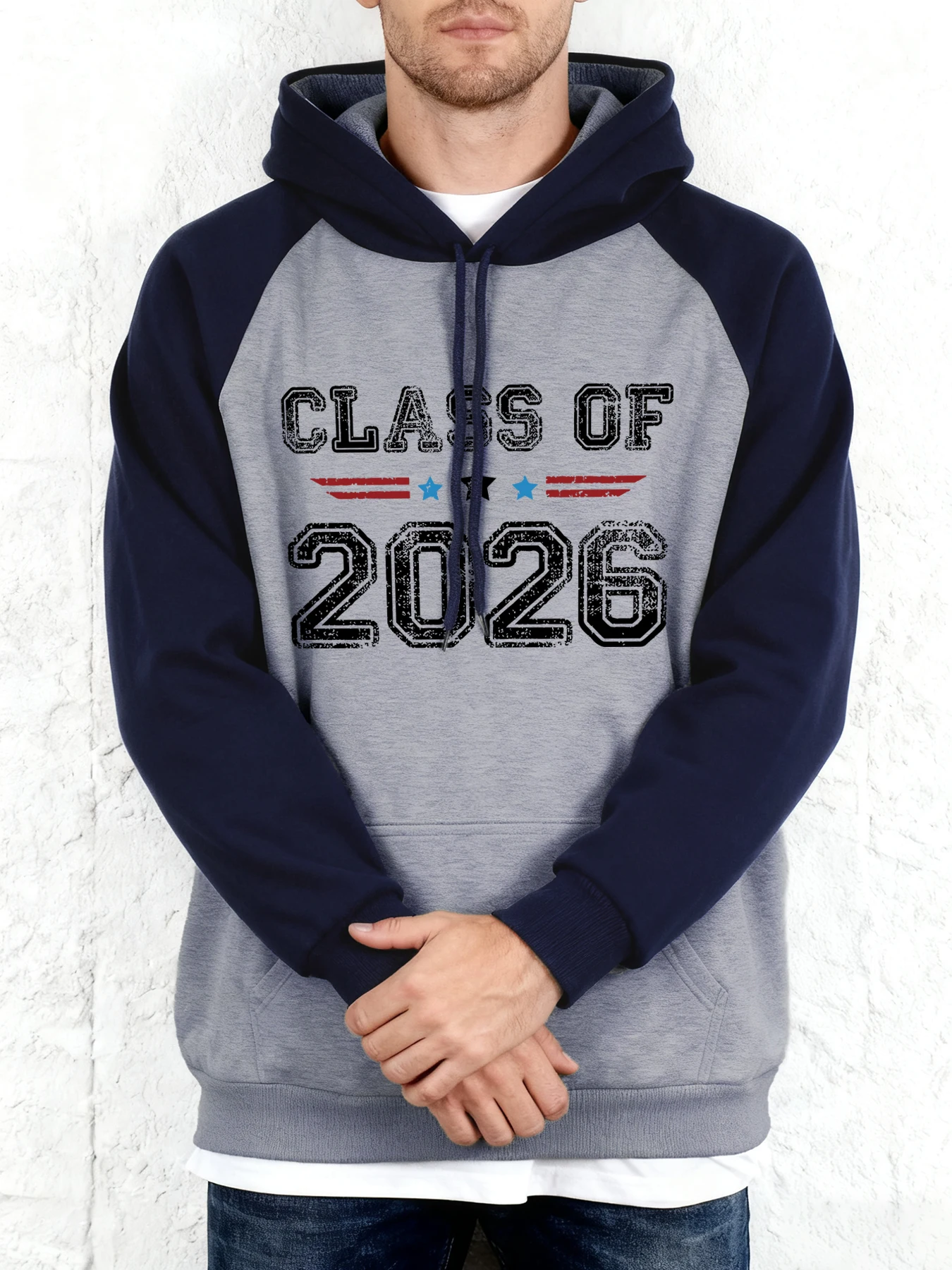 Klasse von 2026 Retro-Buchstabenmuster-Top für Herren, Fleece, Herbst, Raglan-Hoodie, lässige Basics, Sweatshirts, Street-All-Match-Pullover
