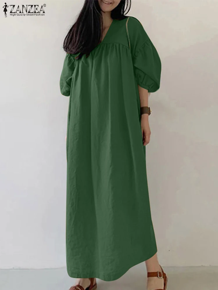 เดรสผู้หญิง ZANZEA ดีไซน์หรูหรา ประจำฤดูใบไม้ร่วงปี 2025 แขนทรงโคมไฟ 3/4 คอวี ทรงเอไลน์ หลวมสบาย เหมาะสำหรับทำงาน สไตล์เรียบหรู ผ้าสีพื้น ทรงยาวแบบคาฟตัน