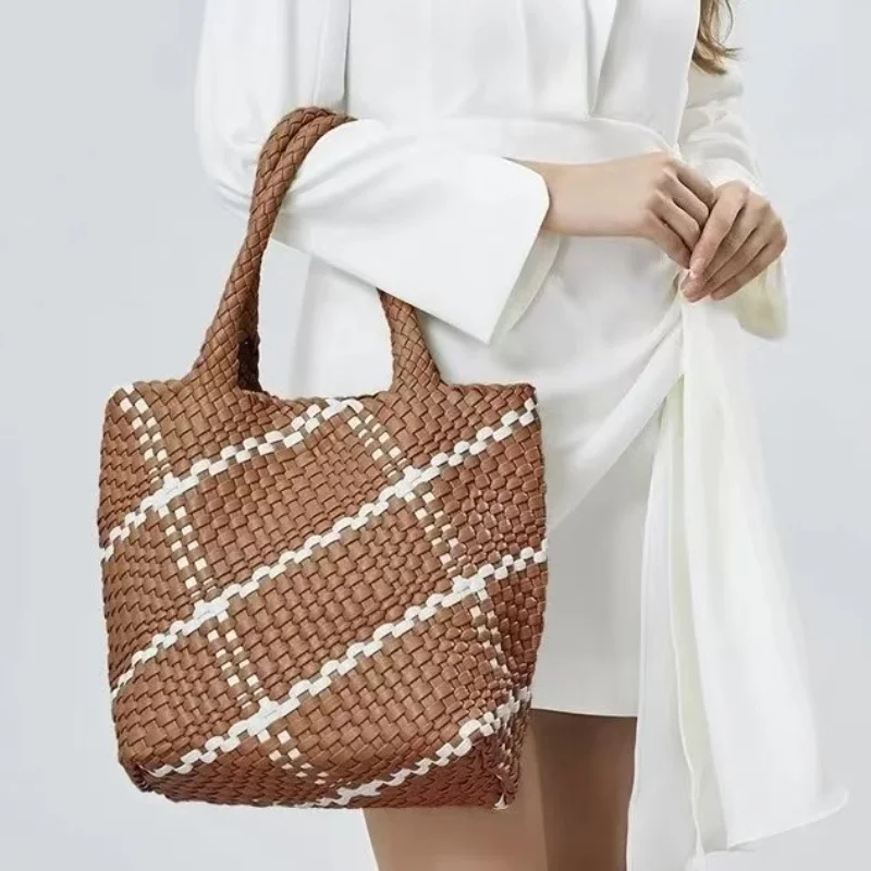 

Новая вязаная сумка ручной работы из искусственной кожи для женщин, неопреновая сумка большого размера, модные универсальные композитные сумки, повседневные сумки-шопперы под мышками