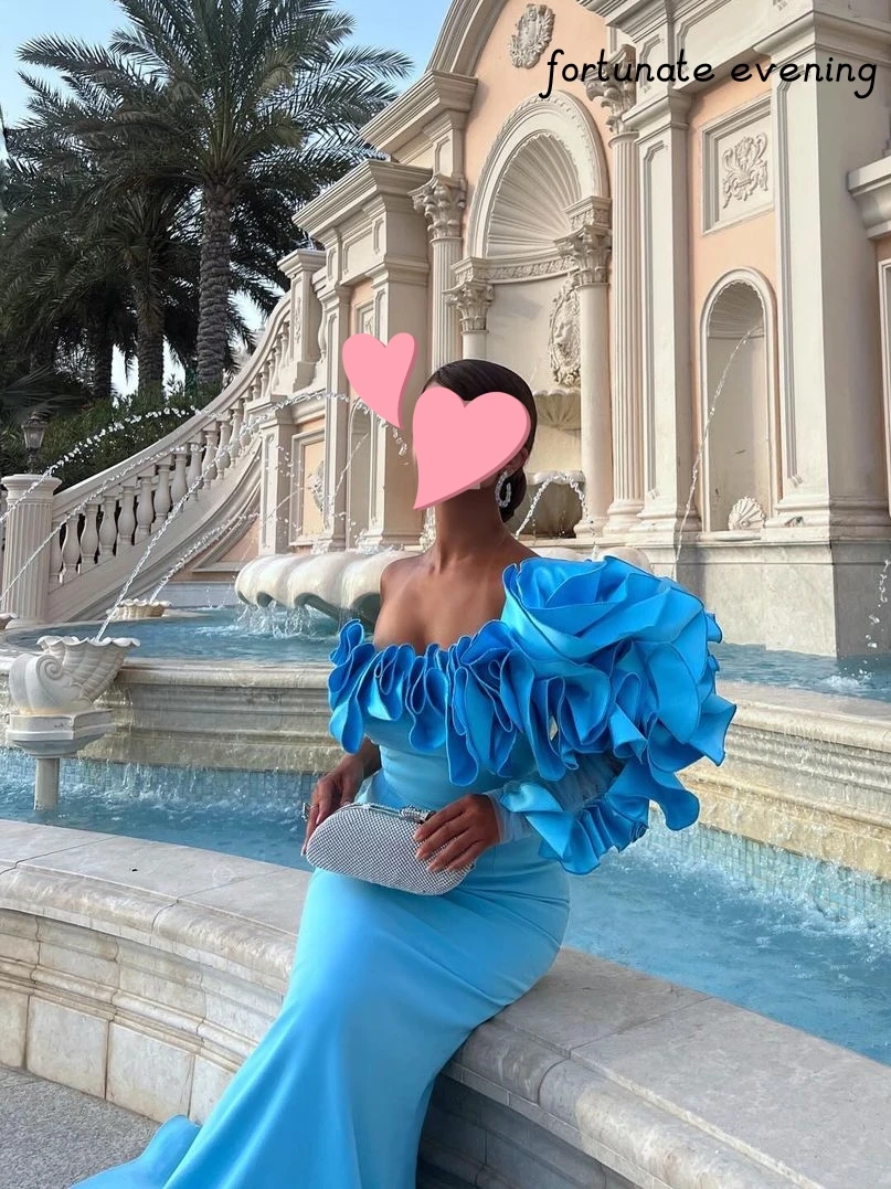 Fortunate Evening Elegant Vintage Sweet Blue Mermaid Ruffle One Shoulder Formal Occasion Prom Dress Evening Party Gowns