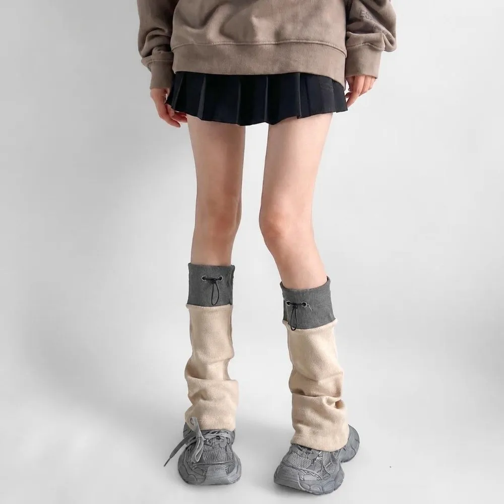 1 pair Harajuku Middle Tube Leg Warmers Gray Spliced Adjustable Buckle Foot Cover Breathable Drawstring Closure Boot Cuffs Women