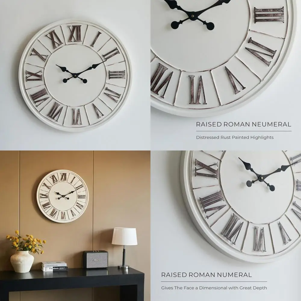 

24 деревенских белых металлических настенных часов с рваными римскими цифрами для современной фермерской гостиной