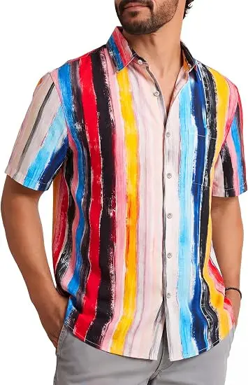 Men's Short Sleeve Shirt Bright Green Abstract Line Dot Print Lapel Button Down Daily Holiday Casual Mens Clothing