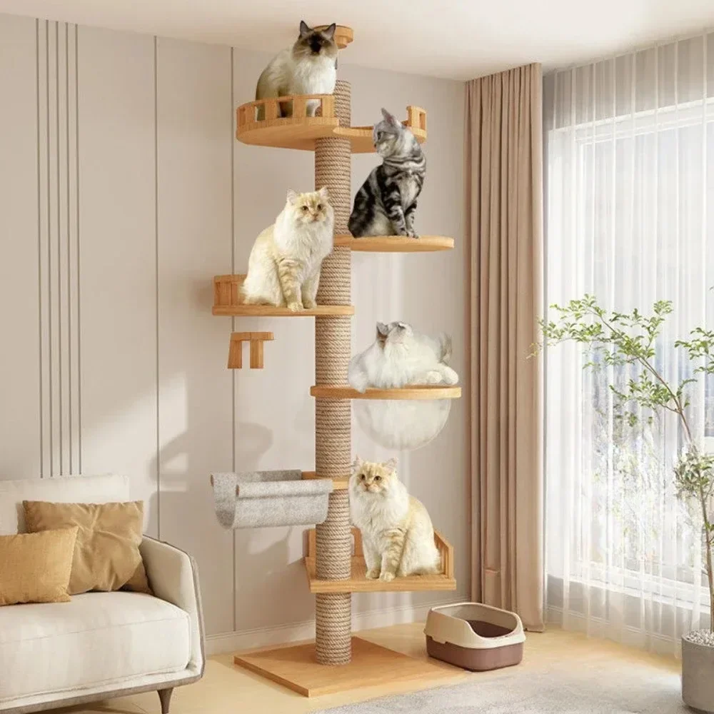 Cat Tree Floor To Ceiling Cat Tower with With Scratching Post Hammock Pet Activity Center Kitten Climbing Toy Pet Furniture