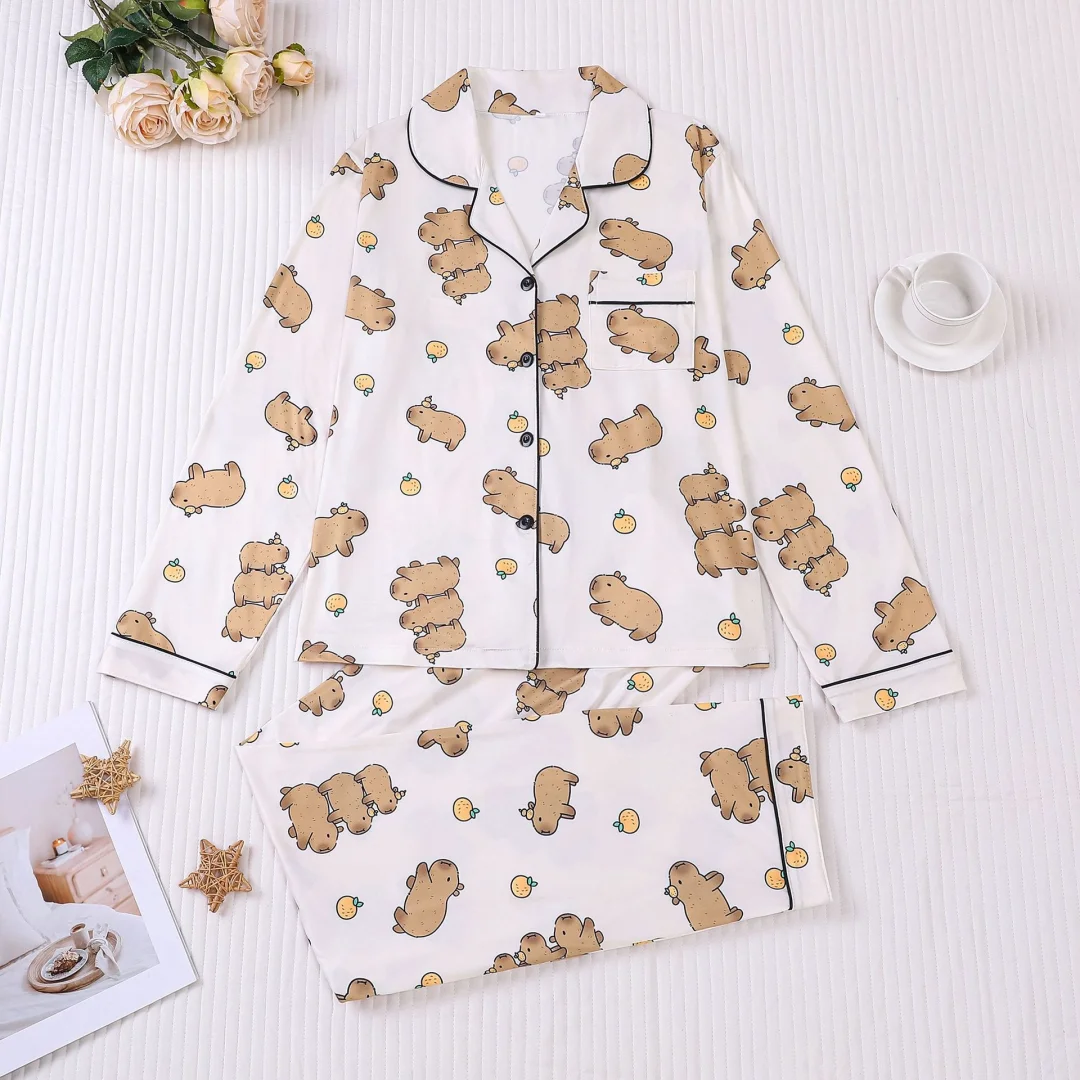 

Capybara Print Pajamas Brown and White Lapel Long Sleeve Pants Loungewear Cardigan Home Wear Set Sleepwear Clothes for Women
