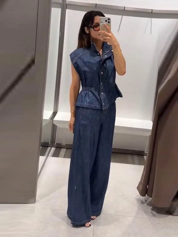 Ärmelloses Jeanswesten-Hosen-Set für Damen mit elastischem Bund, Stehkragen-Oberteil mit Knopfleiste und gerader Hose – Schickes Streetwear-Outfit für die moderne Dame – Detail 16