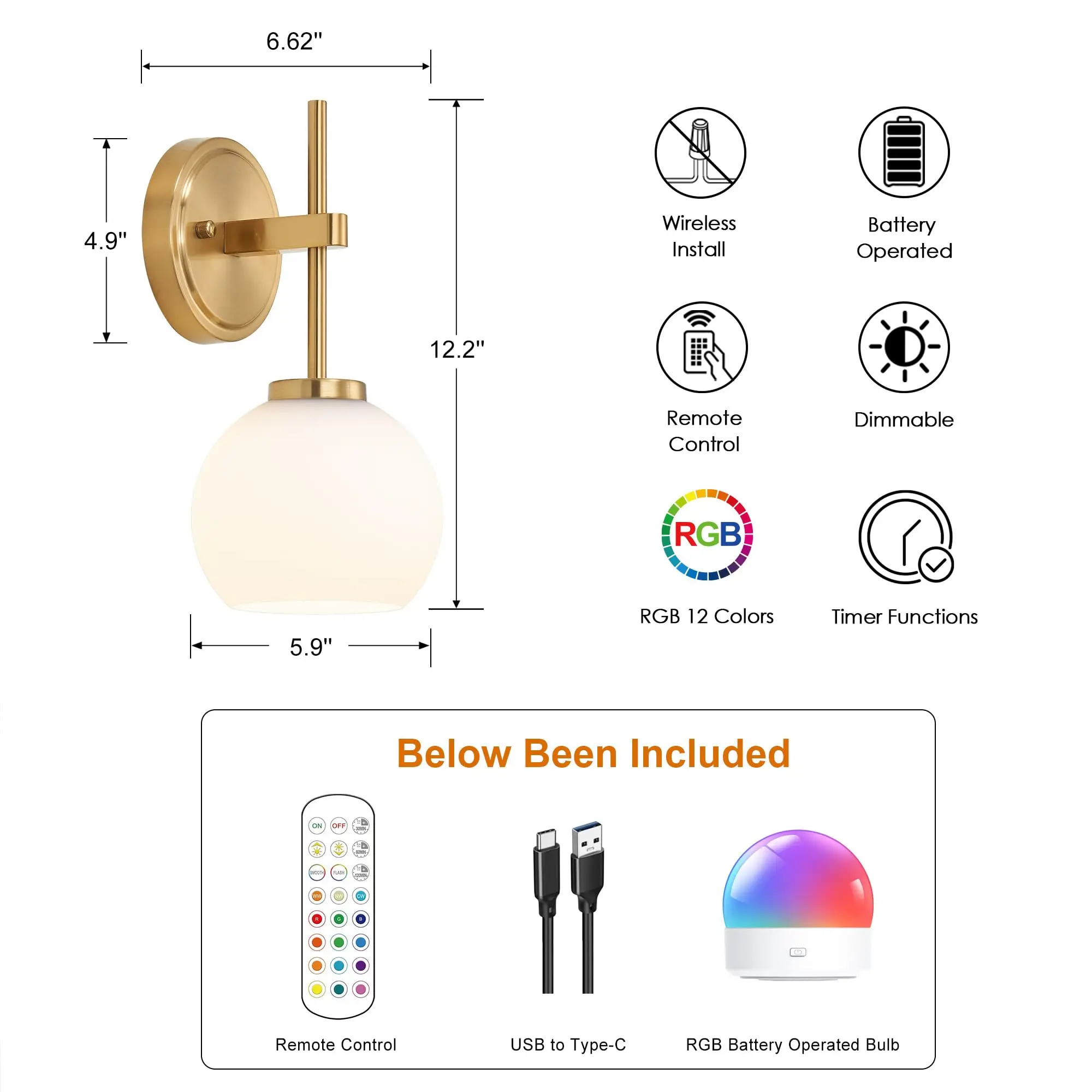 Gold Wireless Rechargeable Wall Sconces with Remote Control, RGB Battery Operated Wall Sconce Set of 2, LED Dimmable Wall Lights