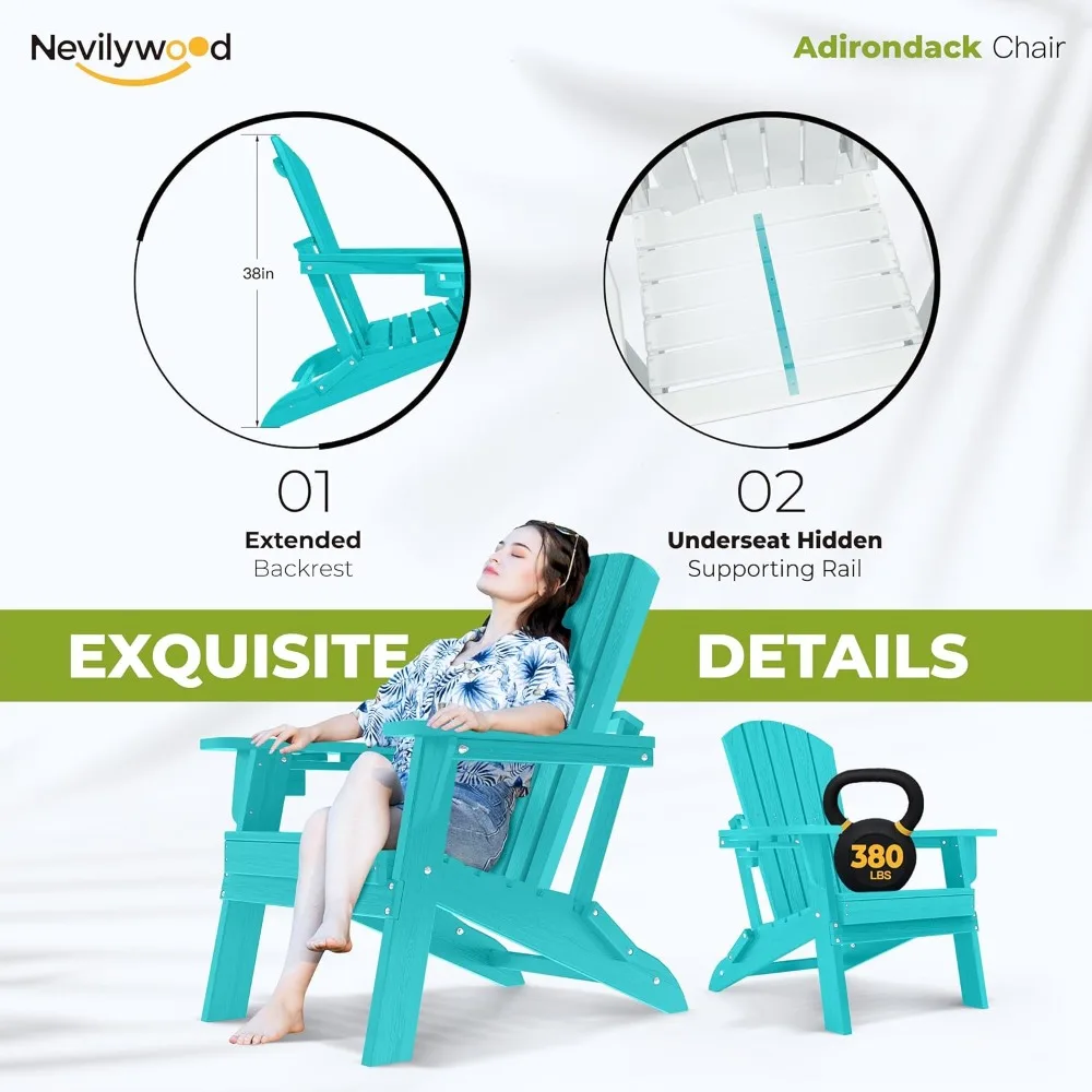 nevilywood Folding Adirondack Chair - Extended Ergonomic Backrest, Cup Holder - Easy Assembly - Durable HDPE Plastic, Weather