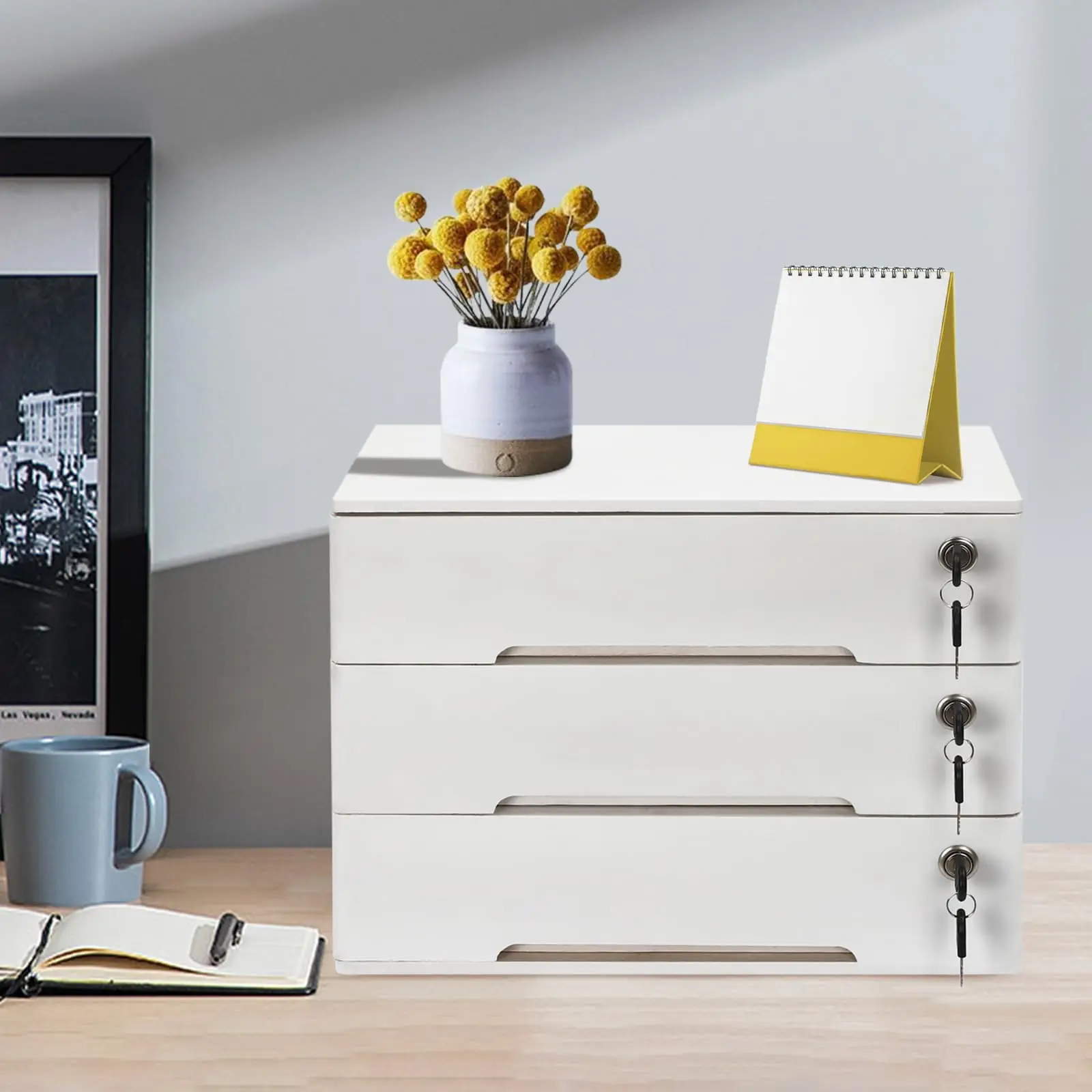 나무 데스크탑 보관함, 잠글 수 있는 서랍 3개, 기념품 상자, 사무용품 A4/영수증 파일 정리함, 평면 파일 캐비닛