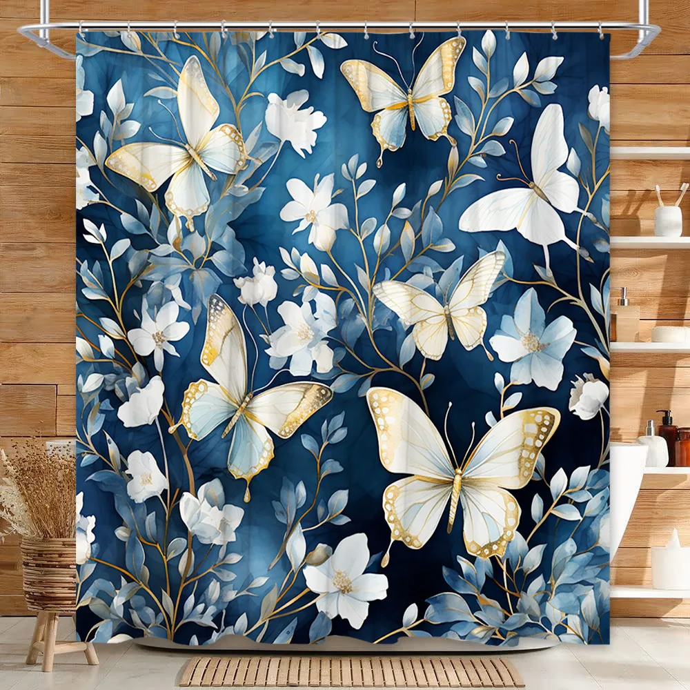 

Watercolor Floral Shower Curtain Bohemian Butterfly Botanical Bird Leaf Farm Plant Home Polyester Fabric Bathroom Decor Curtains