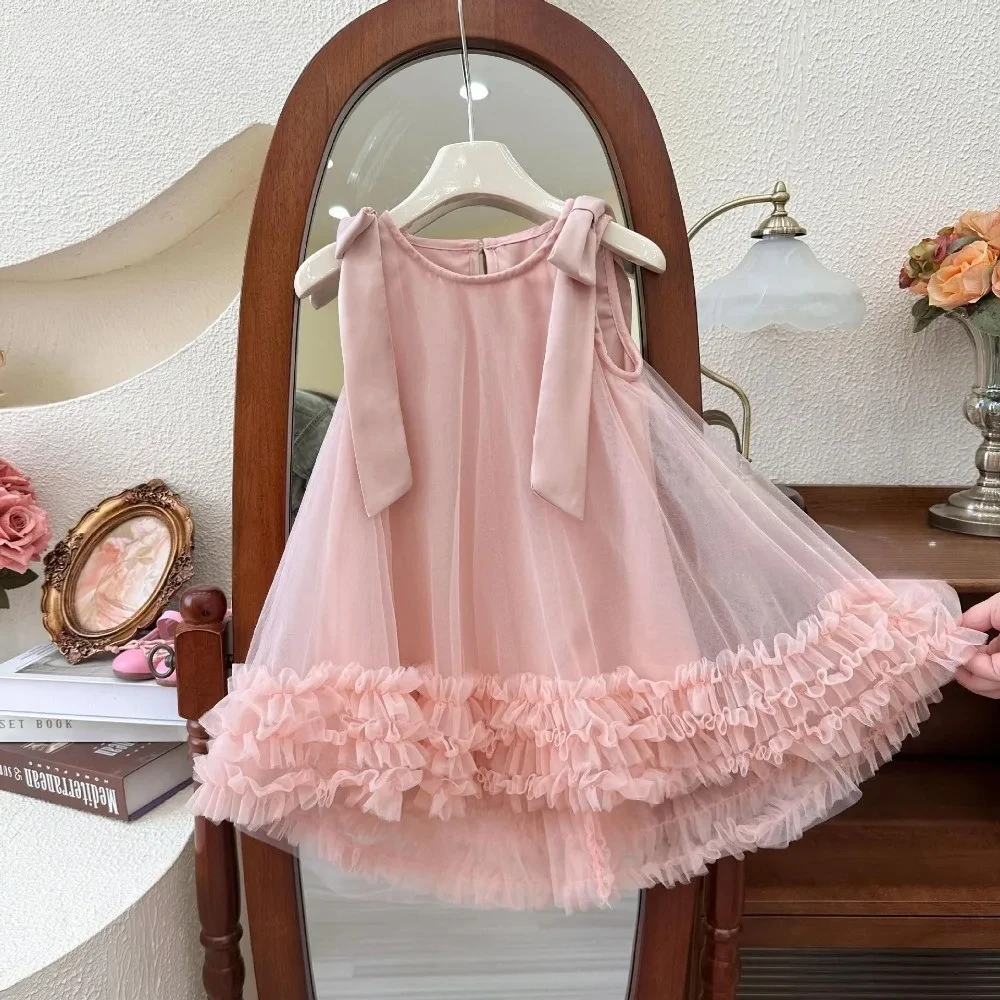 Bow Decoration Sleeveless Vest Dress Pink Girls' Clothes Summer Mesh Princess Dresses Birthday Wedding Party Children's Clothing