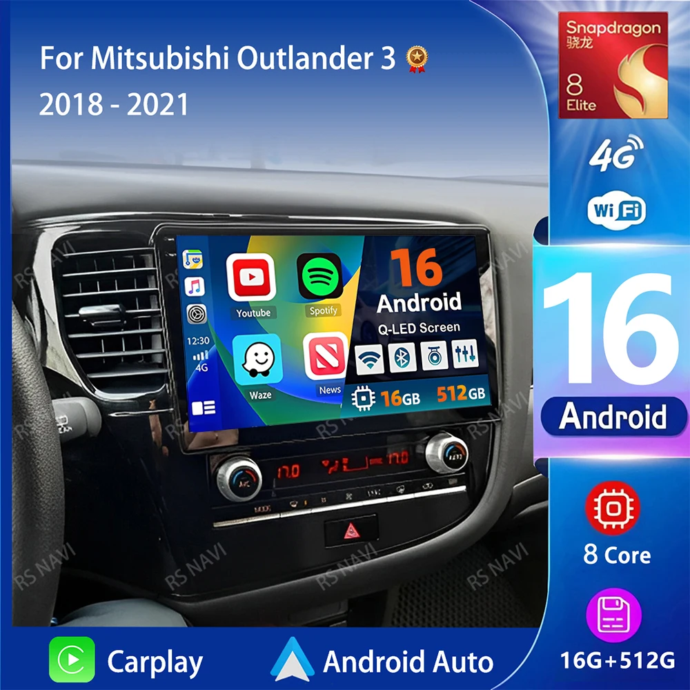 Android 16 For Mitsubishi Outlander 3 GF0W GG0W 2018-2021 2K QLED Android Car Radio Multimedia Video Player GPS Stereo CarPlay