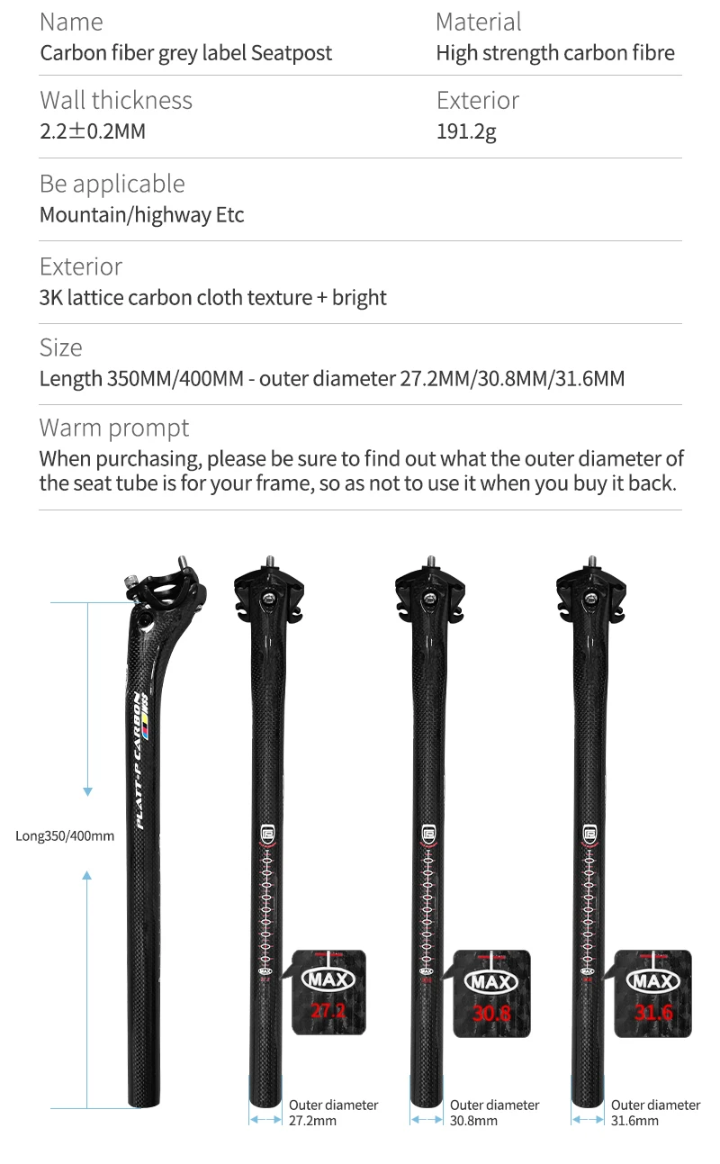 3K Glänzende Carbonfaser-Sattelstütze für Mountainbikes, Doppelspikes, 27,2mm 30,8mm 31,6mm Durchmesser, 350mm 400mm, Fahrradzubehör – Detail 4