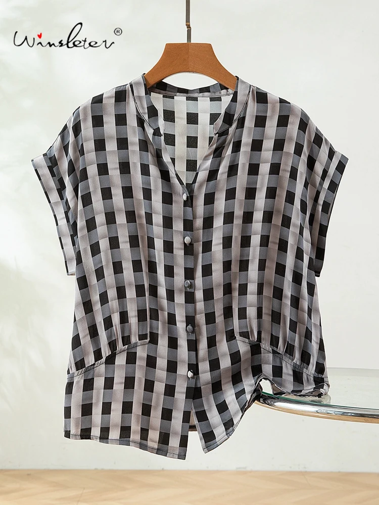 

Winsleter-Women 100%Real Silk Elegant Shirt, Sleeveless V Neck Plaid, French Retro Casual Loose Blouse, 2025 Summer New T55930CC