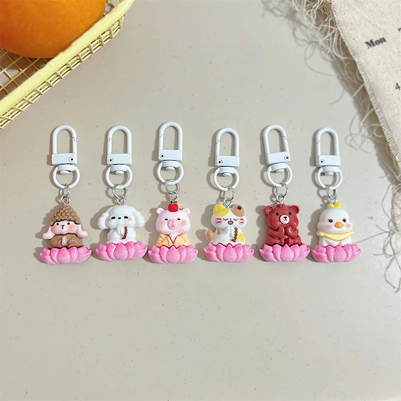 Cartoon Animal Lotus Keychain Cute Girly Keyring Car Key Chain Lovely School Bag Pendant Backpack Hanging Decoration Gifts