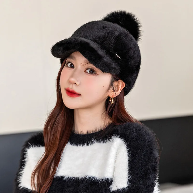 Winter Baseball Knight Hat Elegant And Fashionable Warm Thickened Fur Hat Faux Fur Pompom Ball Casual Snapback Hat Cap Ladies