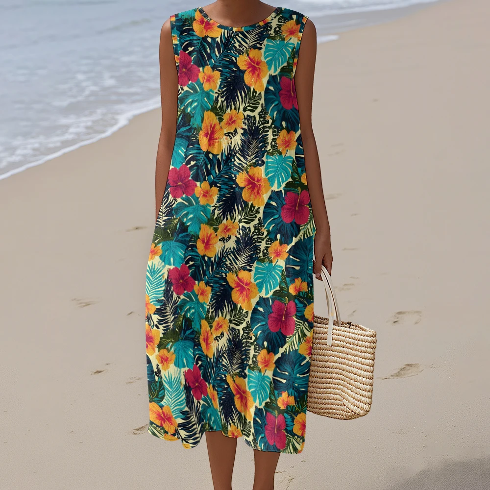 

Платье без рукавов с цветочным узором в виде листьев, женская одежда с цветочным принтом, новинка 2025, женское длинное платье без рукавов в отпускном стиле