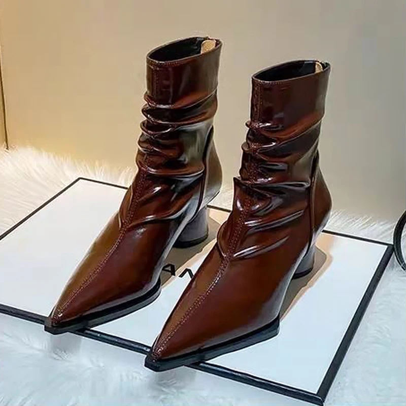 

Women's Winter Boots Fashion Pleated Glossy Pu Leather Pointed Toe Plush Botines Elegant Banquet Party High Heel Shoe for Ladies