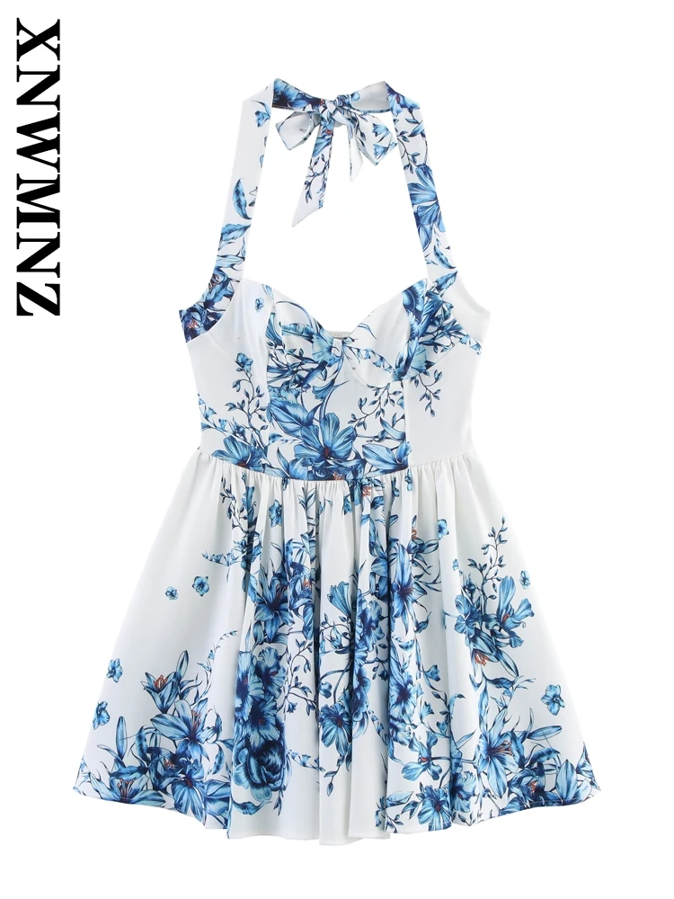 

XNWMNZ 2025 Summer New Woman Fashion Chic Shoulder Halter Backless mini Pleated dress club Party Lady White Sleeveless Dresses