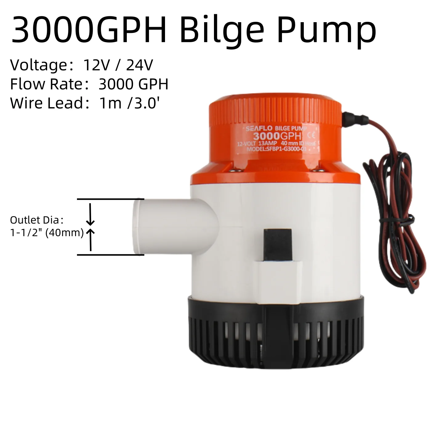 SEAFLO 01 Series 3000GPH 12V/24V Boat Marine Bilge Pump Heavy Duty High Capacity Water Transfer for Yacht Aquarium Pool