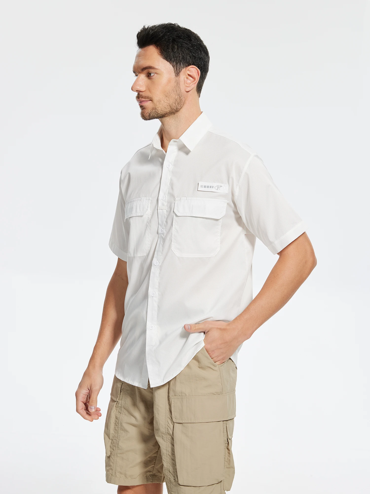 Herren UPF 50+ Kurzarm-Angelhemden mit Sonnenschutz, Rashguard, lässiges Button-Down-Angel-Wandershirt mit atmungsaktivem Mesh – Detail 6