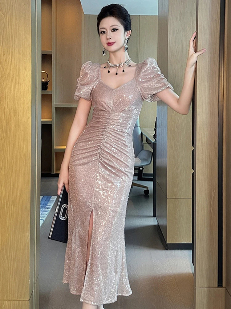 فساتين سهرة فرنسية أنيقة للمرأة بريق حلو لامع ترتر شق رداء سيدة حفلة عيد ميلاد خمر حفلة موسيقية Vestidos Mujer