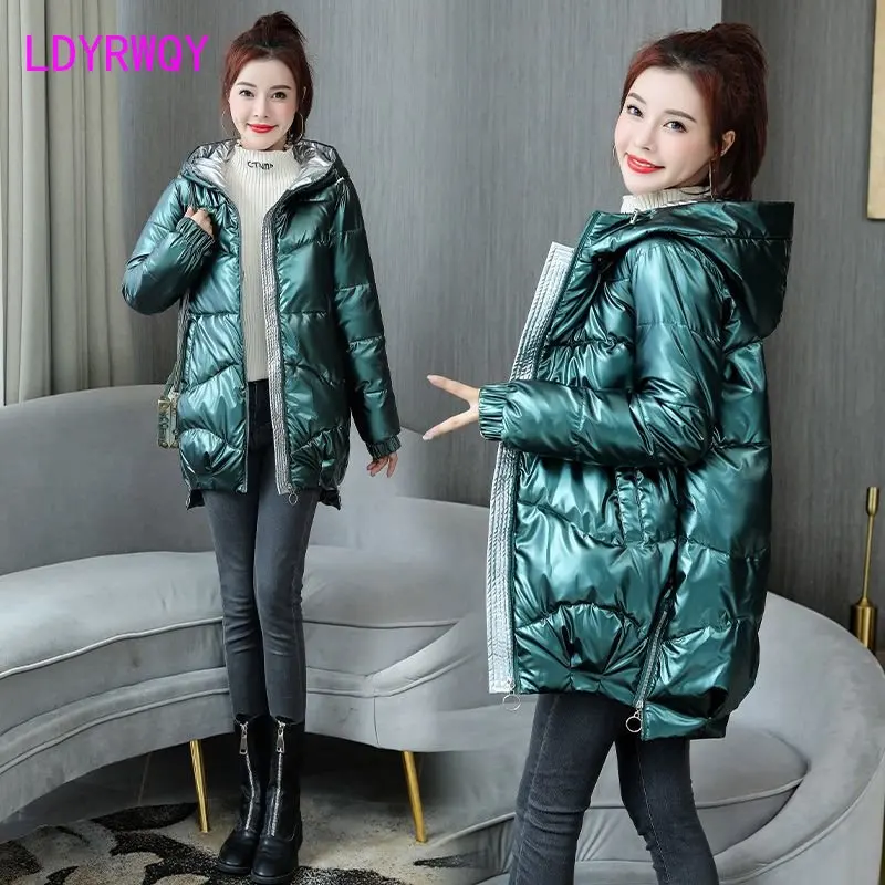 2022 new Korean version of loose fashion wash free bright face cotton jacket women\'s long down padded winter coat