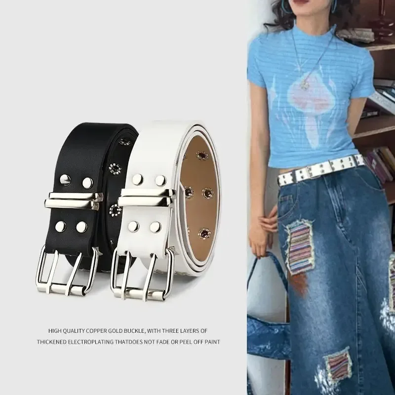 

2024 New American Full Hole Punk Belt With Women's Double Row Buckle Leather Bandwidth, Unique Design Sense