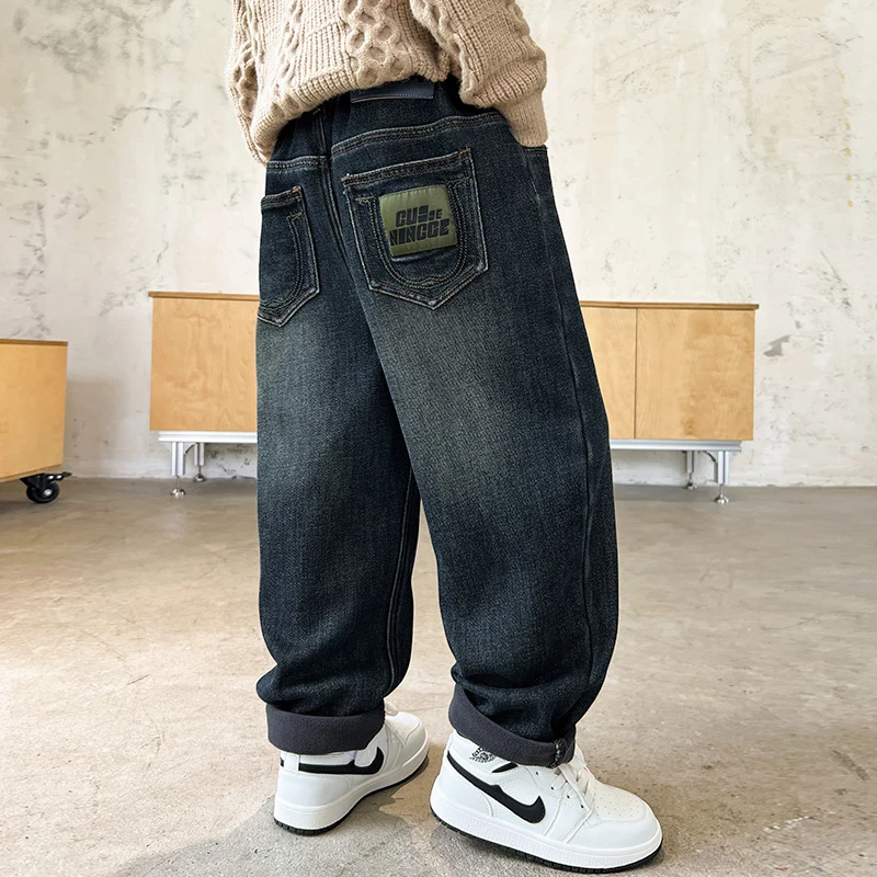ربيع الخريف الاطفال الطفل الجينز العادي للمراهقين الصبي عادية خمر الأزرق الداكن الدنيم السراويل 2025 سن جديد 5 6 7 8 9 10 11 12 13 14Y