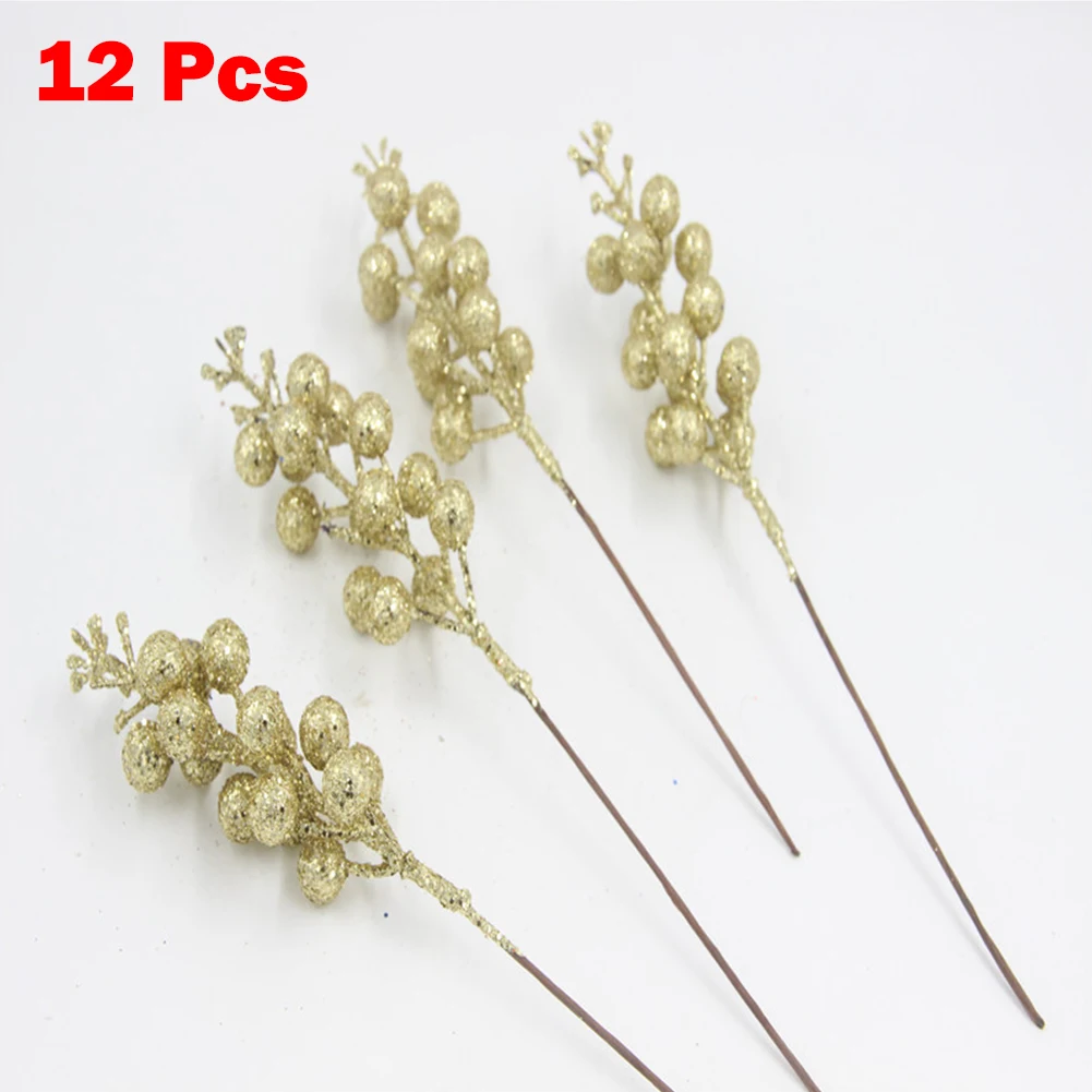 12Pcs Artificial Berry Twig Stems Christmas Glitter Holly Berries Flower Branches DIY Wreath Xmas Tree Festive Decoration