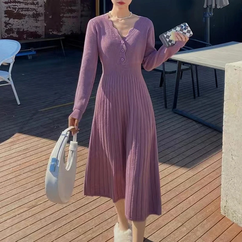 2024Sweet Elegant Party Winter Casual Women\'s Dress Sweater Korean Slim Fit Horn Big Swing V-neck Long Sleeve Dress Midi Dresses