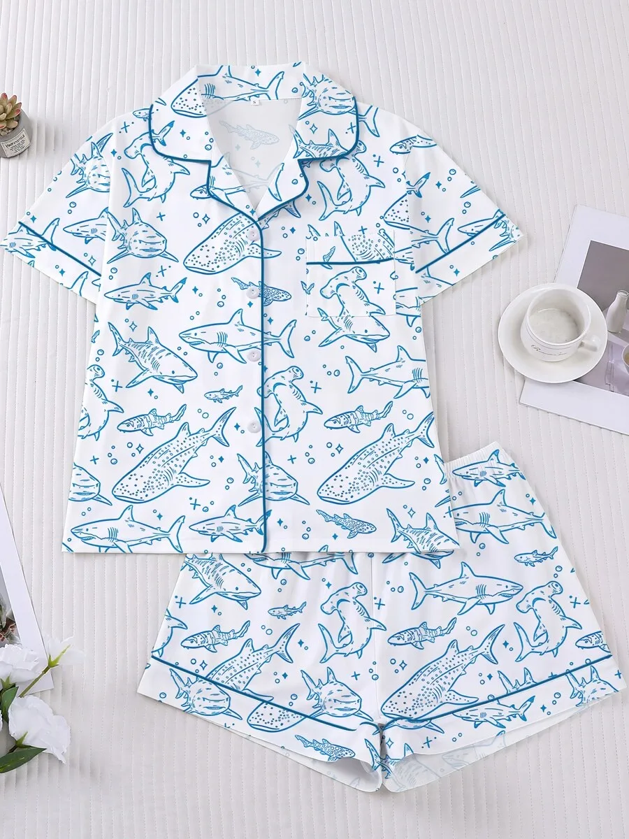 

Womens 2-Piece Pajama Set With Blue Shark Print Short Sleeve Lapel Top And Elastic Waist Shorts