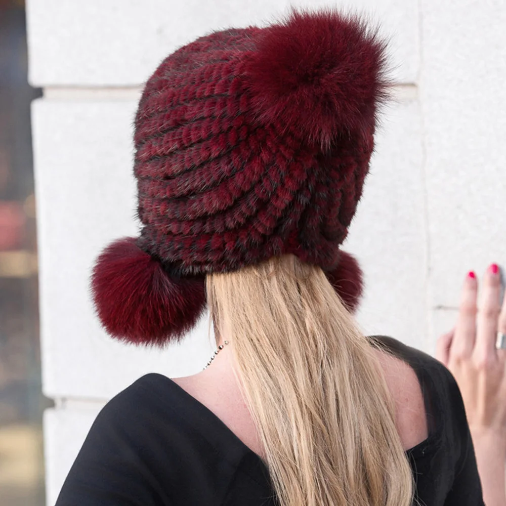 Genuine Rabbit Fur Earflap Hat Russia Warm  Real Rabbit Fur Winter Accessories Bomber Hats For Women FEIMANYUAN